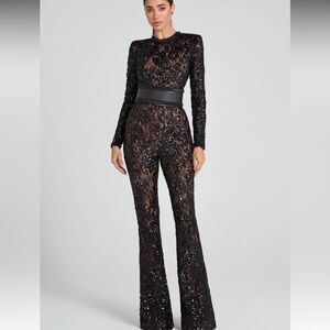 NADINE MERABI Black Sequin Lace Jumpsuit